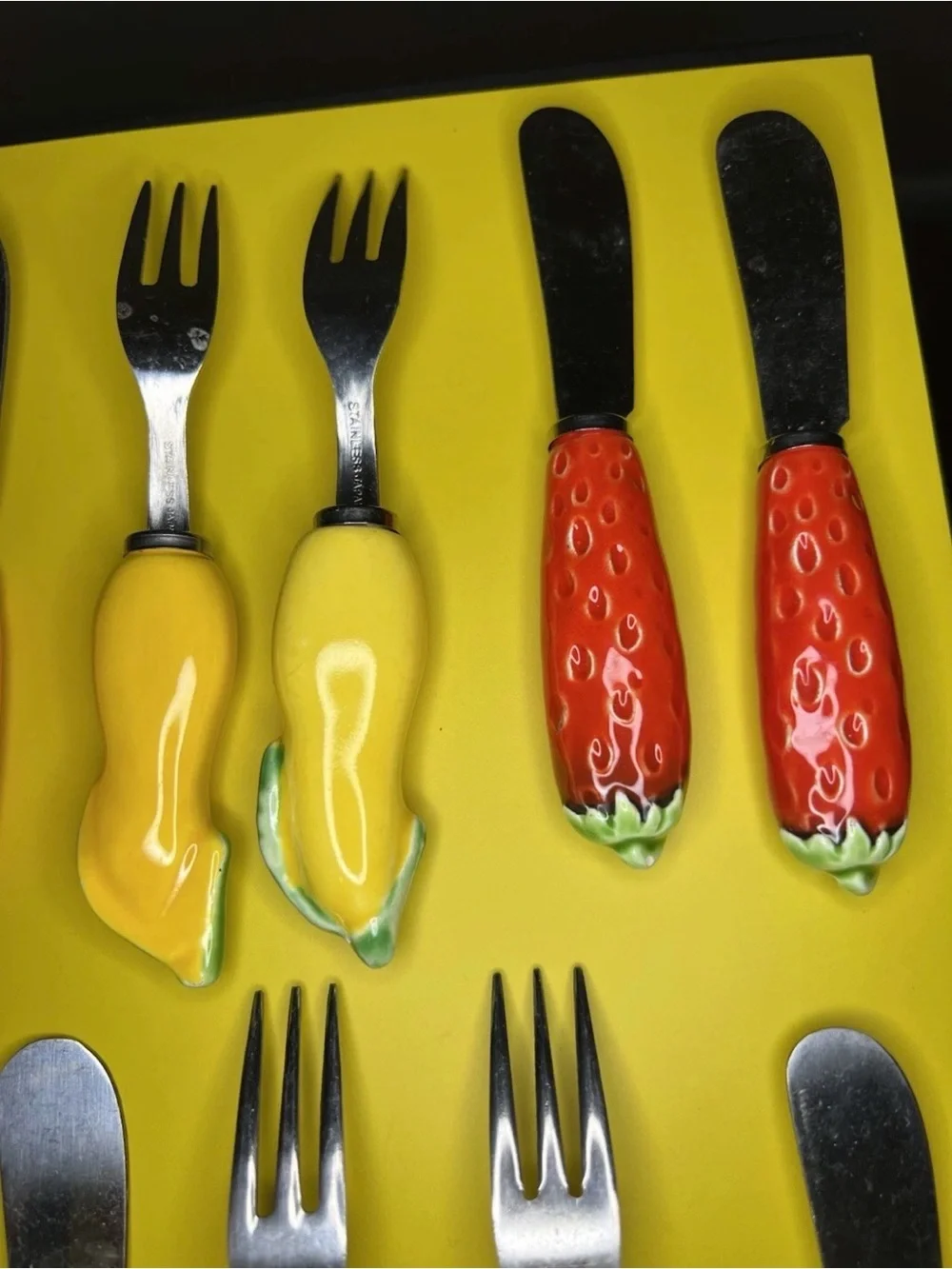 Vintage Japan Fruit Handle Flatware Set Ceramic Knives Forks Stainless Steel